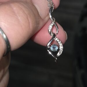 Natural Glacier Blue Topaz Dancing Gemstone White TOPAZ accent Necklace. 925 SS